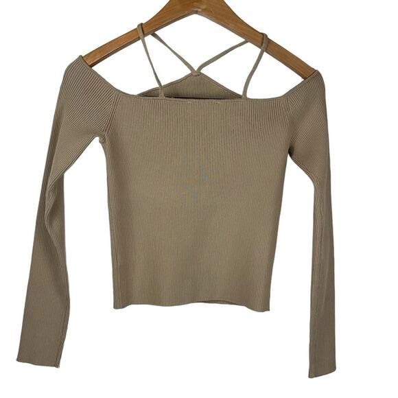 Mable ANTHRO small Monroe mocha tan off shoulder long sleeve crop strap ribbed - Picture 3 of 12